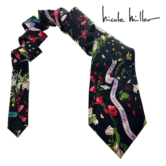 Nicole Miller Novelty Neck Tie Silk Wedding Theme Champagne Cake Floral Guests - Picture 1 of 14